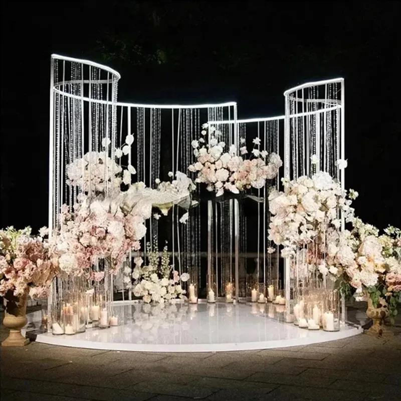 S Shaped Round Curved Metal Background Stand With Acrylic Beads Curtain For Wedding Hall Stage Decoration