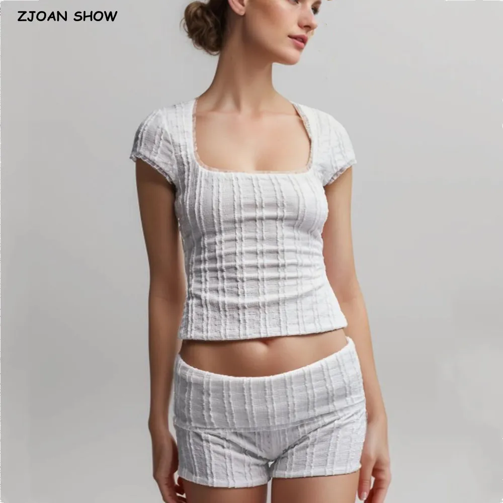 2 pieces 1 set 2025 Holiday Summer White Wrinkle Rib line Square neck Short Sleeve Tee + Skinny Low Waist Mini Shorts