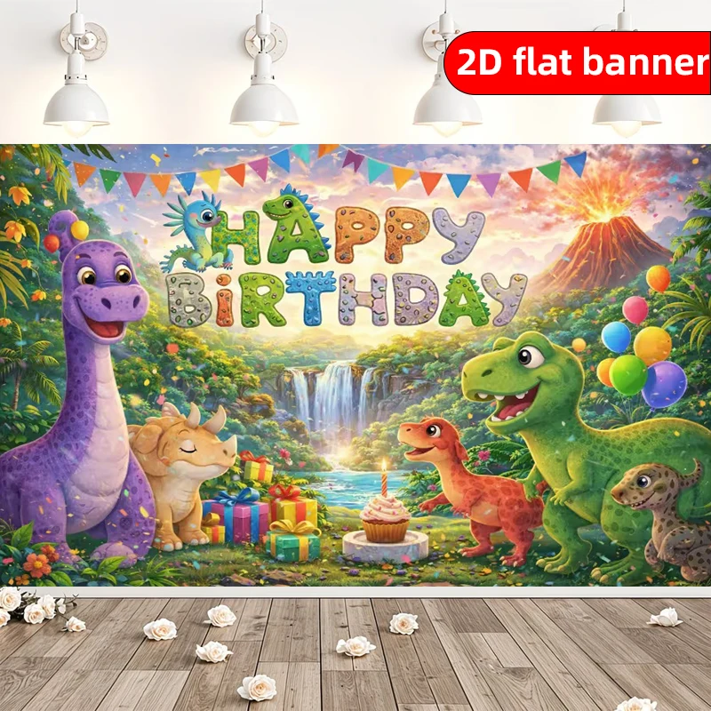 2D-Flachbanner aus Polyester mit Cartoon-Dinosaurier-Muster im nordischen Stil, Partybanner, Feiertagsdekoration, Partyhintergrundstoff