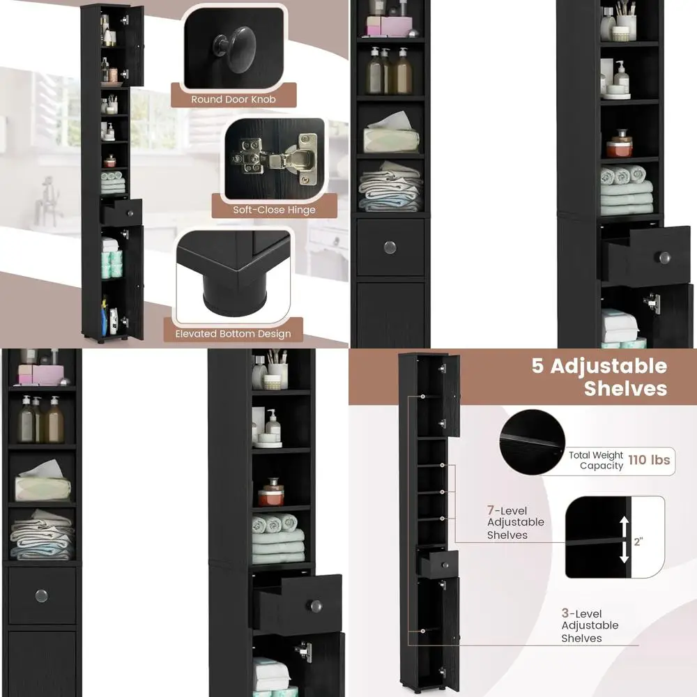 

Black Slimline 71 Storage Cabinet for Bathrooms with Drawer, 2 Doors, and 5 Shelves