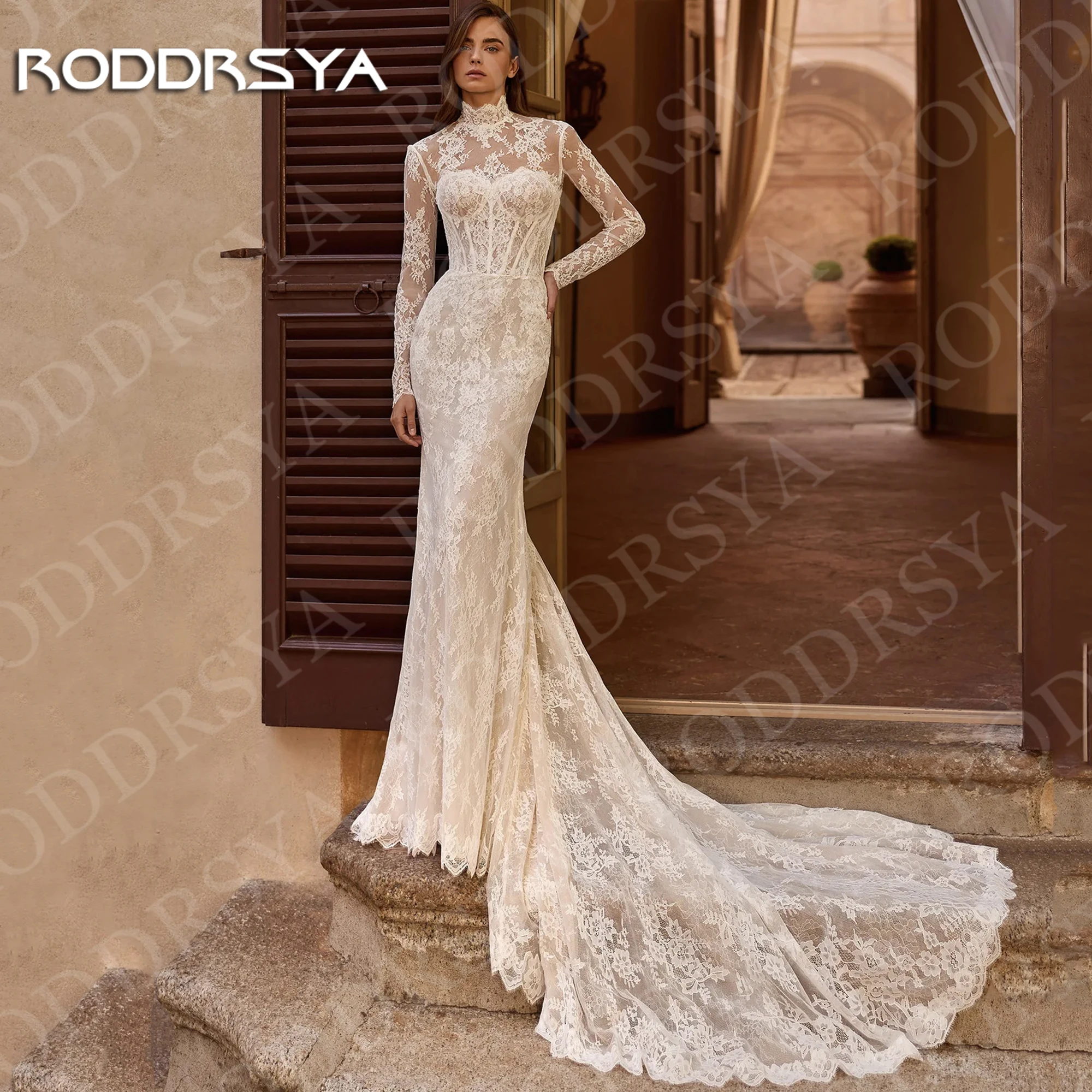 

RODDRSYA Lace Mermaid Wedding Dress with Detachable Long Sleeves Luxury High Neck Bridal Dresses Customized vestidos de novias