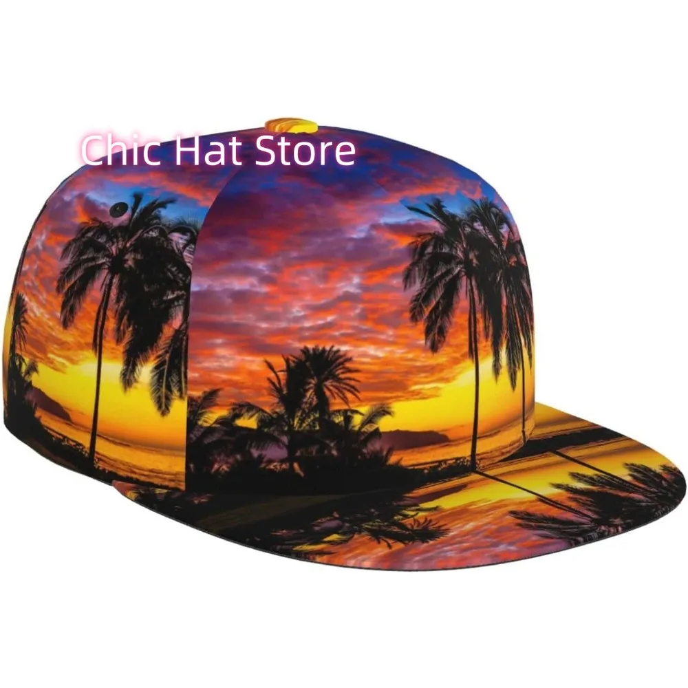 Urocze czapki bejsbolówki z siatką z motywem palm i zachodu słońca dla mężczyzn i kobiet, regulowane, outdoorowe, hawajskie czapki typu snapback chroniące przed słońcem.