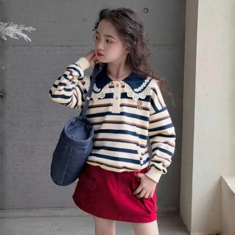 

Girls' Spring Hoodie New Style Middle and Large Children's Stylish Doll Collar Striped Sweater Top