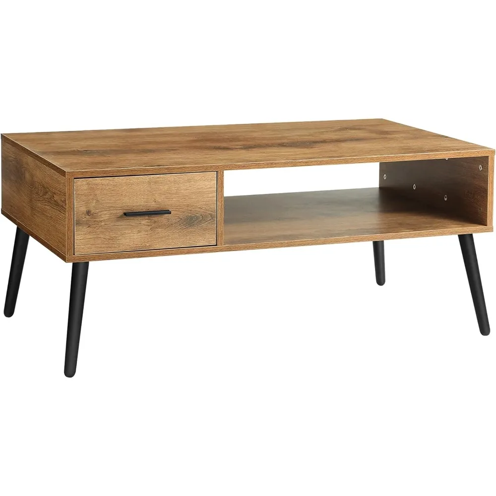 Coffee Table, Mid Century Modern Style Cocktail Table TV Stand with Drawer, Open Storage Shelf, Stable Floor-Anti-Scratching