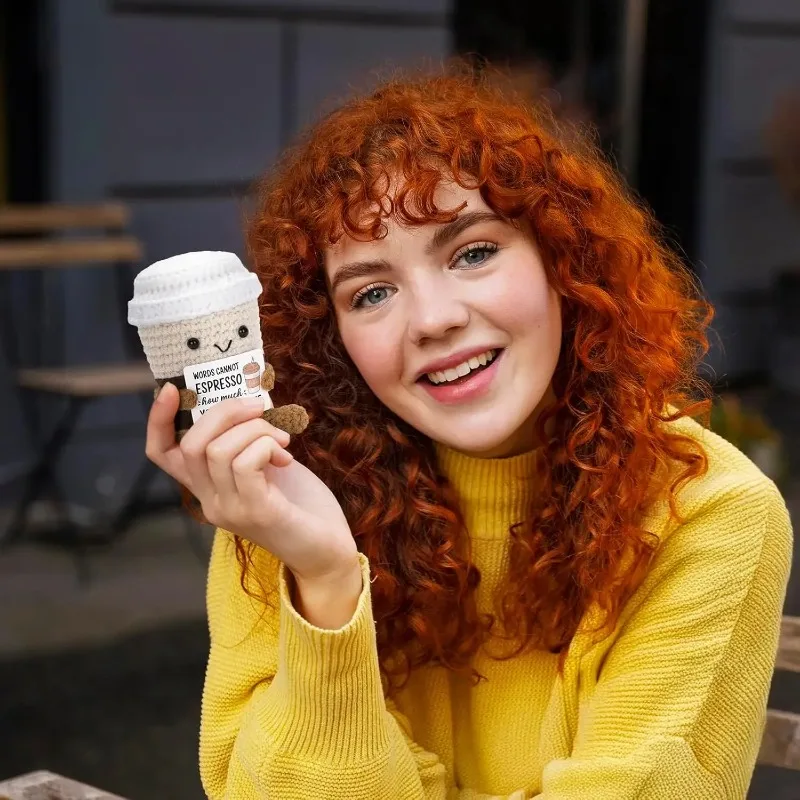 Funny Crochet Emotional Support Coffee Doll with Card Desktop Decoration Handmade Cute Gift