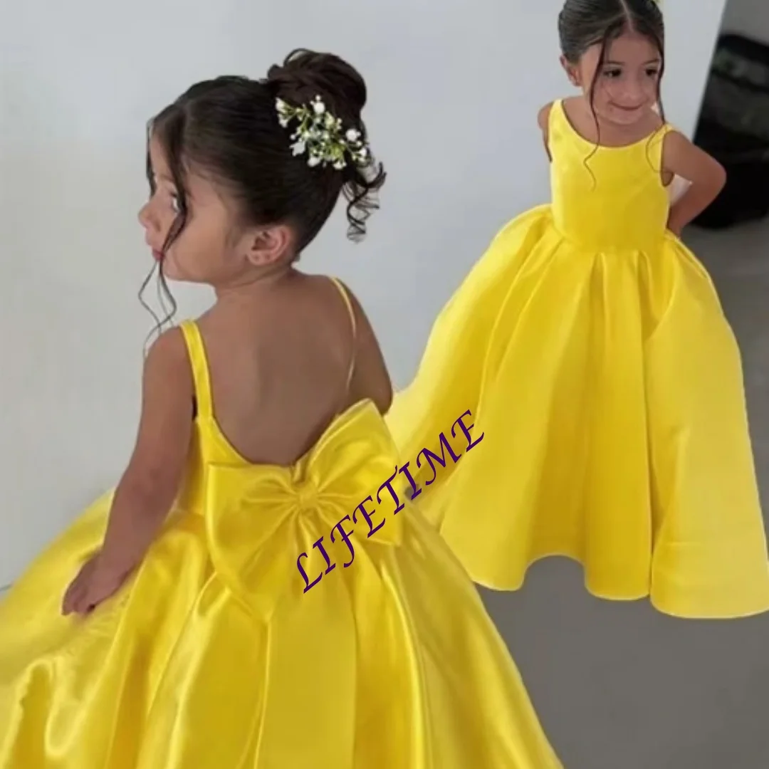 Precioso vestido rosa personalizado con flores para niña, sin mangas, de satén esponjoso con lazo para niños, boda, fiesta de cumpleaños, vestidos de baile de noche personalizados