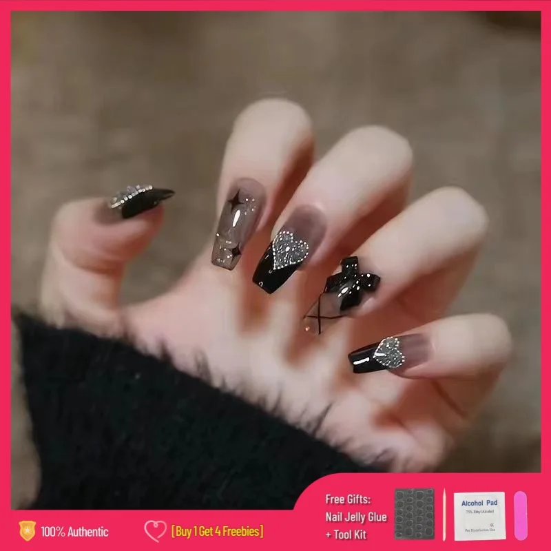 【Pegamento de gelatina gratis + regalo】 24 unids/set uñas postizas para decoración de uñas con diamantes brillo rosa plateado usando puntas de uñas postizas reutilizables