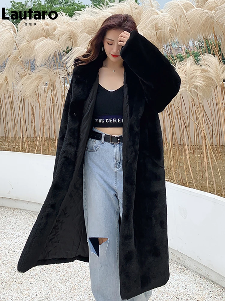 Lautaro Winter Long Loose Casual Windproof Soft Thick Warm Fluffy Green Black Faux Fur Coat Women with Hood Furry Overcoat 2023