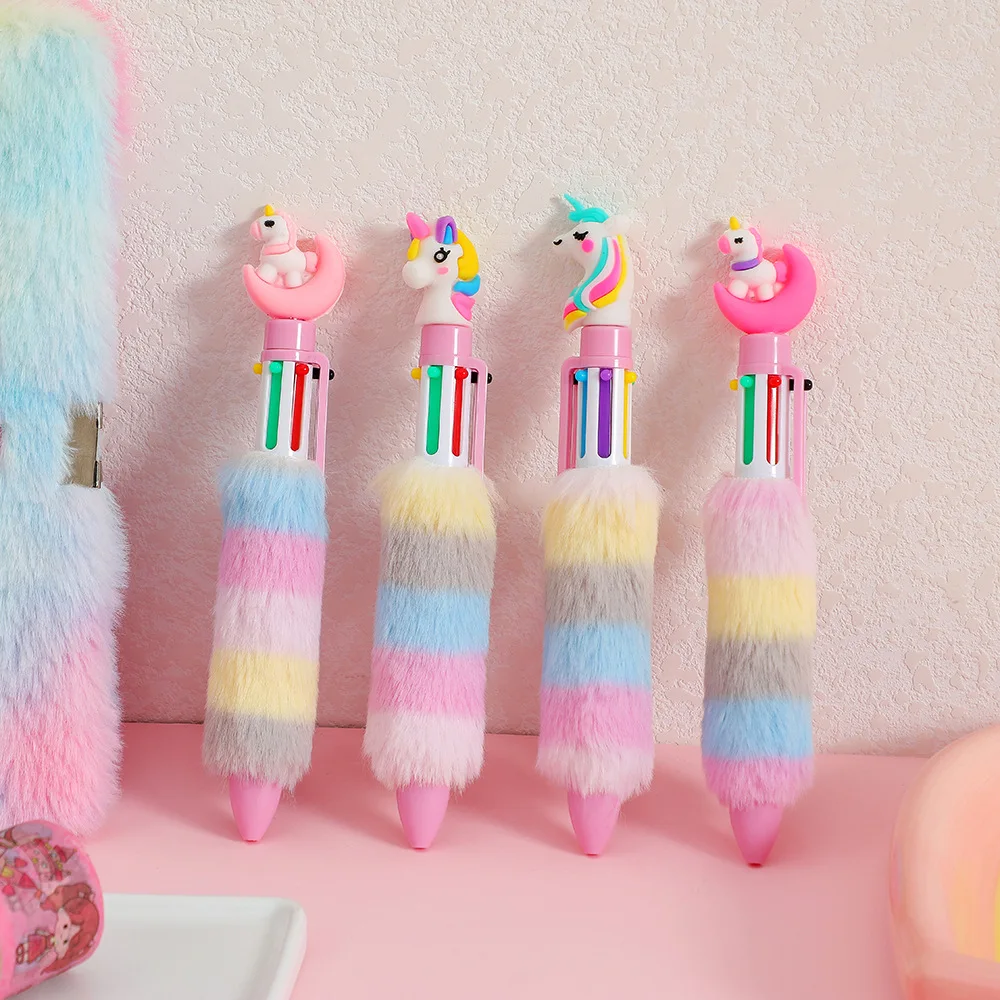 2023 New Girl Cartoon Unicorn Plush Ball Pen Children's Cute Six Color Press Stationery Handheld Pen