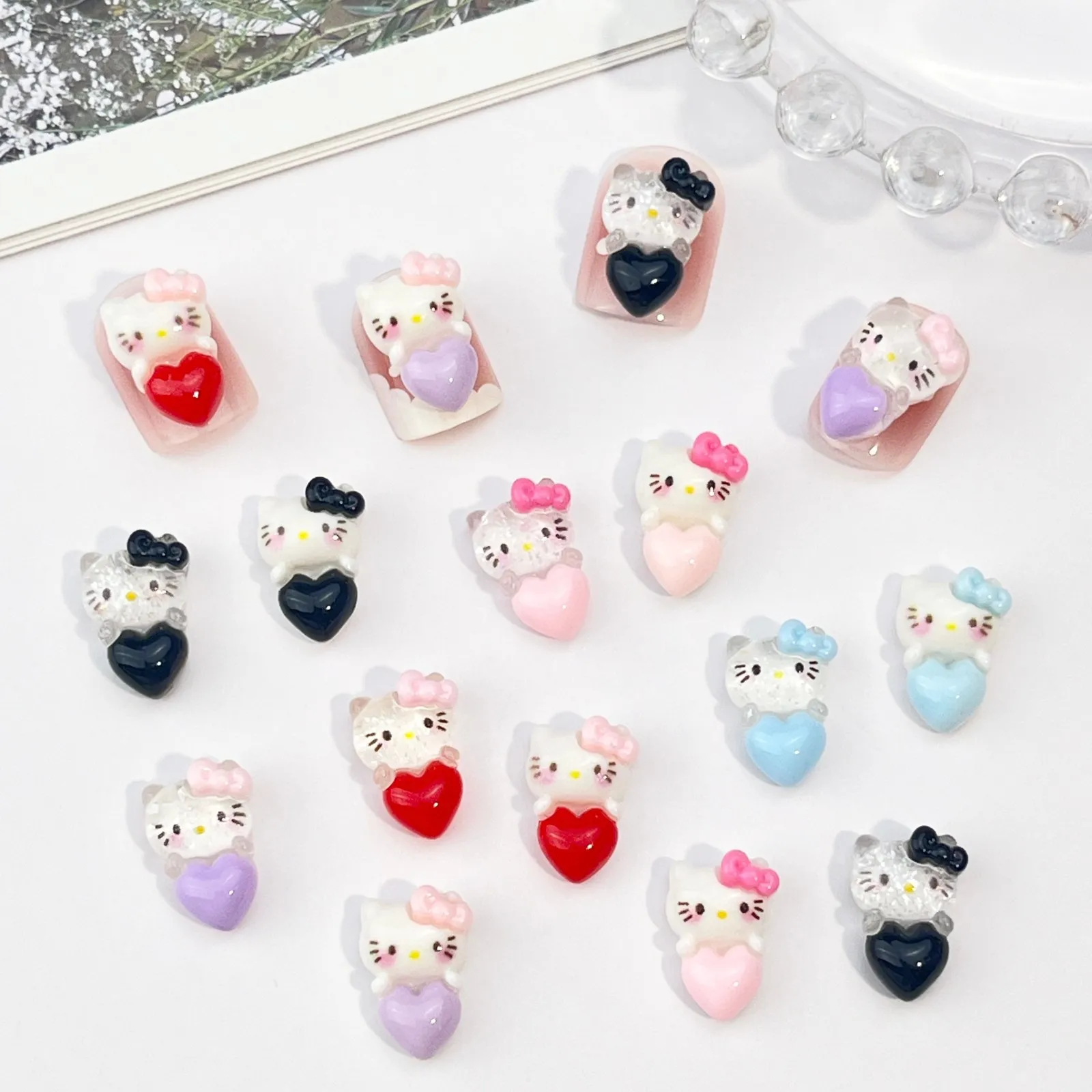 Kawaii Love Hello Kitty Ice Transparent Exquisite Glitter Nail Cartoon Bow Resin Girl Cute Nail Decoration Accessories Wholesale