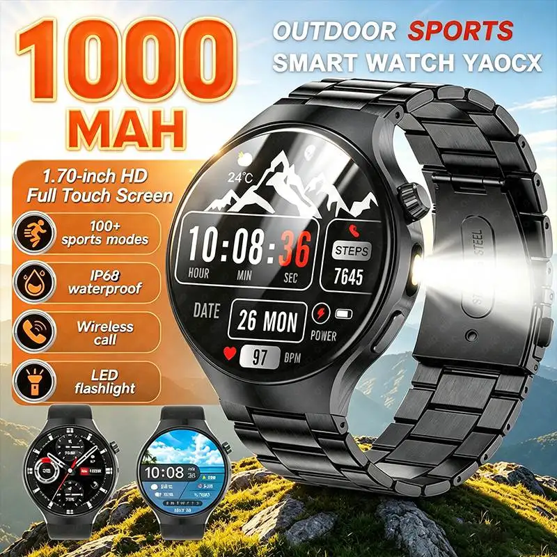 2026 New 1000MAH Outdoor Smart Watch 1.70-inch HD Screen LED Flashlight Bluetooth Call Health Detection Sports Smart Watch Men