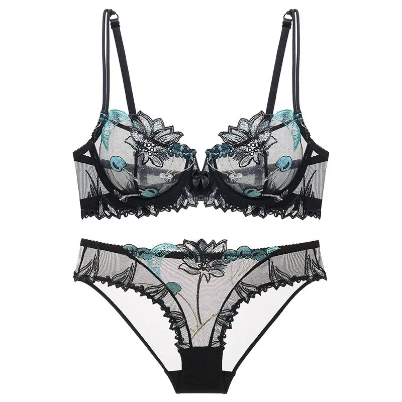 

Sexy Pure Desire Lace Bra Set Women French Small Chest Gathering Ultra Thin Underwear Female Romantic Embroidery Intimates Suit