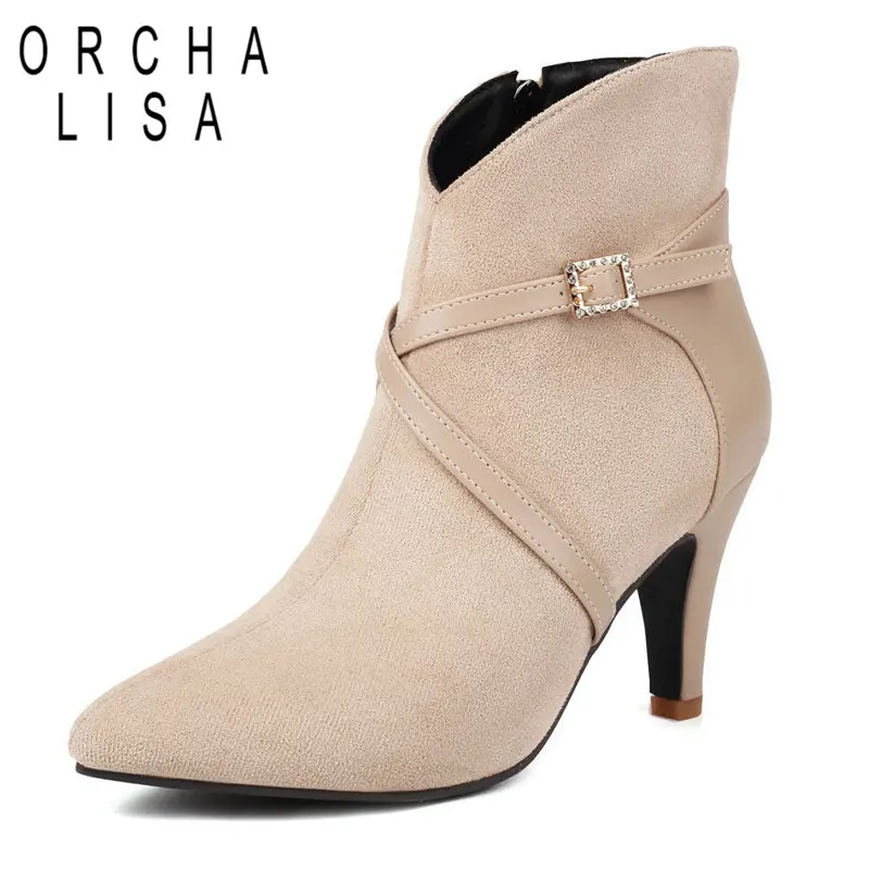 

ORCHA LISA Sexy Women Ankle Boots Big Size 46 47 Pointed Toe Zipper Belt Buckle Autumn Flock Suede Shoes Party Elegant Bota 34