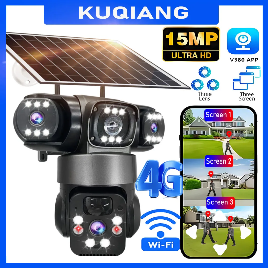 

15MP 3Lens 3 Screen 4G Solar Camera Outdoor Waterproof WiFi IP Security Camera PIR Night Vision Human Detection Solar CCTV V380