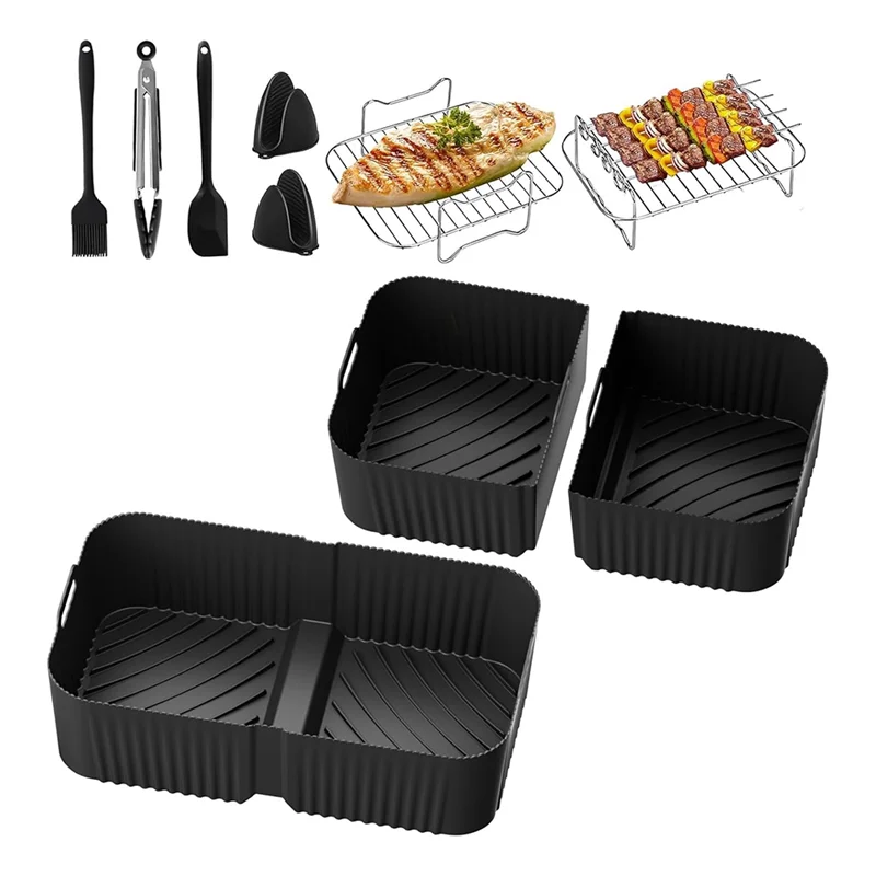 مجموعة ABKP-Air Fryer Liners مكونة من 10 قطع من السيليكون لـ Ninja DZ071 تتضمن فرشاة زيت وقفازات ومشابك طعام وحصيرة شواء مكشطة