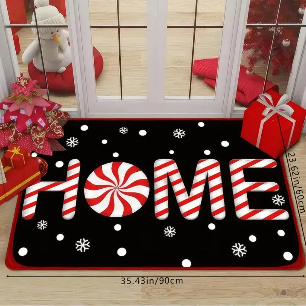

1 pcs Christmas "HOME" Entrance Doormat with Candy Stripe and Snowflake Pattern Soft for Entrance, Bathroom HOME Holiday Decor