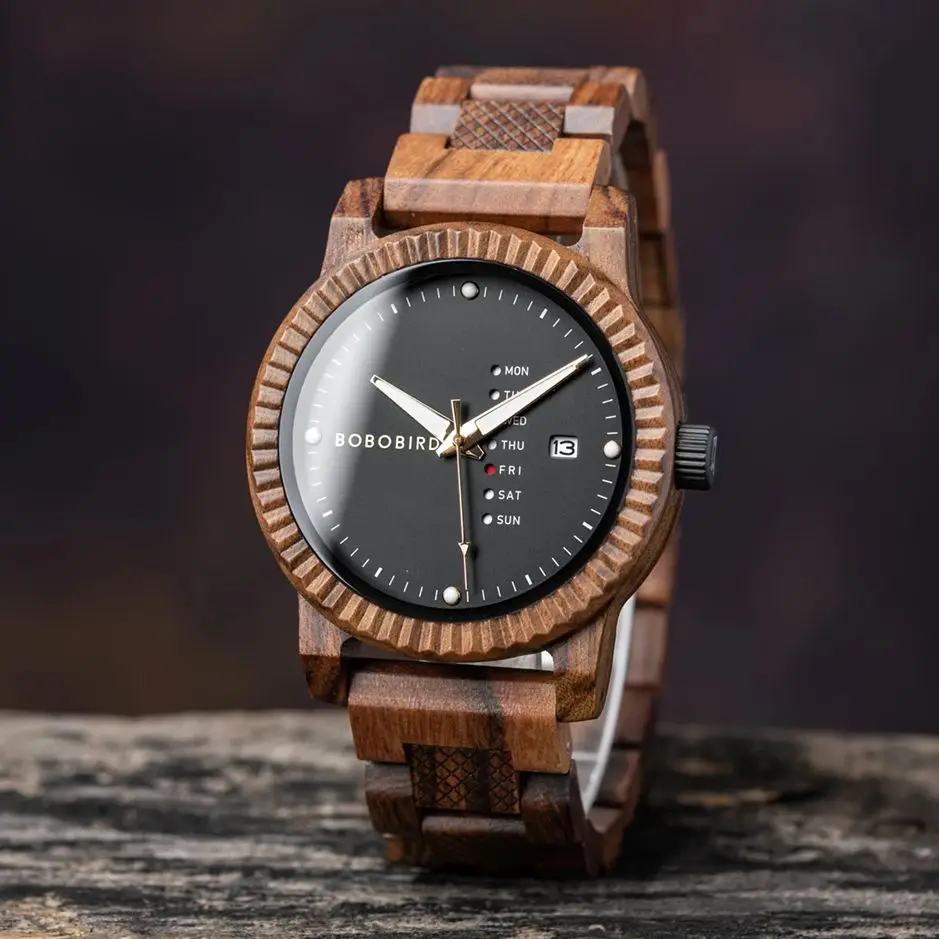 BOBO BIRD Reloj de pulsera de madera para hombre, accesorio de pulsera de estilo informal con indicador de semana y fecha, personalizado, envío