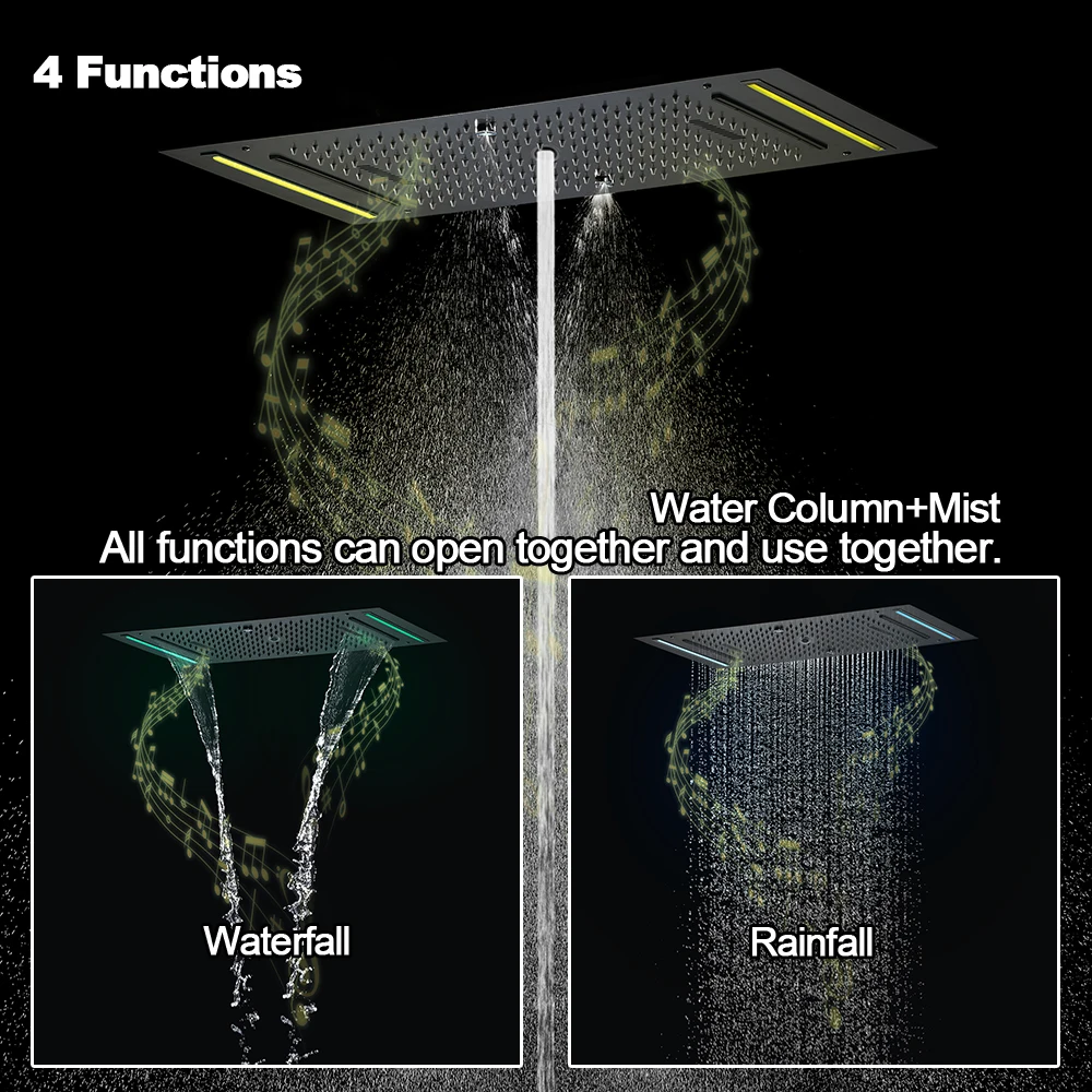 Qlonn 6 Functions Smart Thermostatic Shower Set 638*338mm LED lighting Shower Head Bathroom Faucet Diverter Massage Body Jet