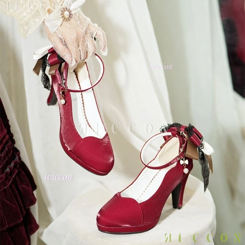 Original Elegant Lolita Outfit High Heels Glitter Style Sweet Shoes Versatile Women Footwear Lace Bow Dating Evening Party Fancy