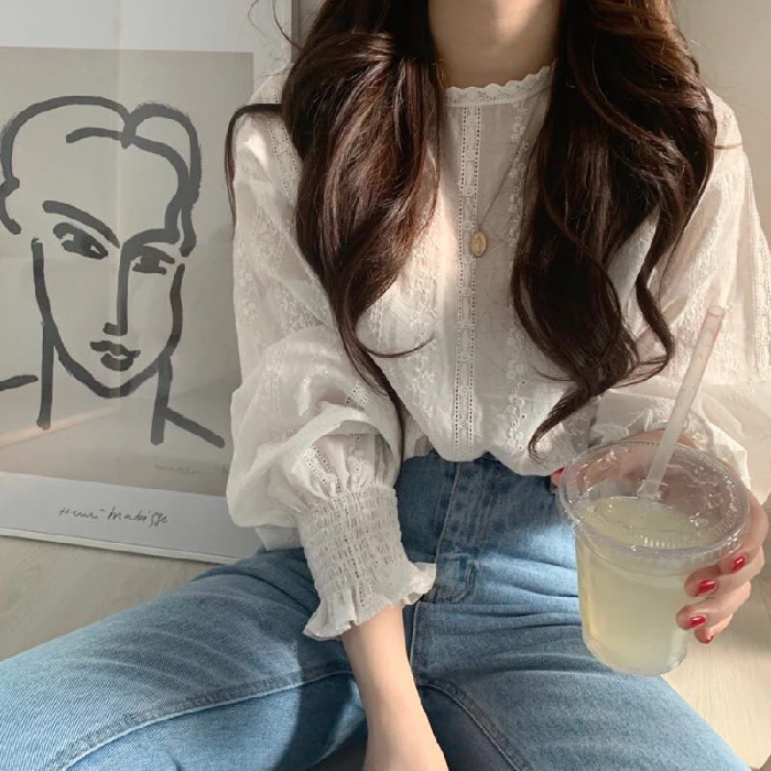 Primavera Autunno 2025 Coreano Sle Fre Ricamato Pizzo Lungo Sve Casual irt Vintage Ele Faionable Camicetta da donna