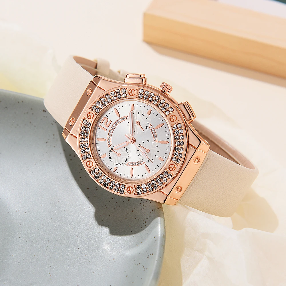 2PCS Women Watch Luxury Fashion Elegant Alloy Flower Rose Gold Bracelet Wristwatch For Ladies Quartz Watch