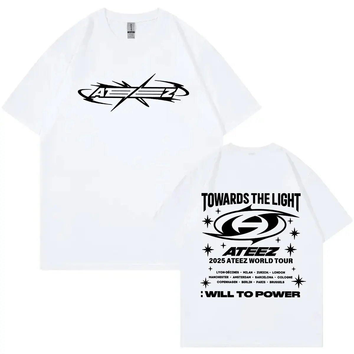 2025 Ateez جولة حول العالم مزدوجة الوجهين طباعة تي شيرت موضة Kpop تي شيرتات قصيرة الاكمام الرجال النساء عادية الراحة المتضخم تي شيرت