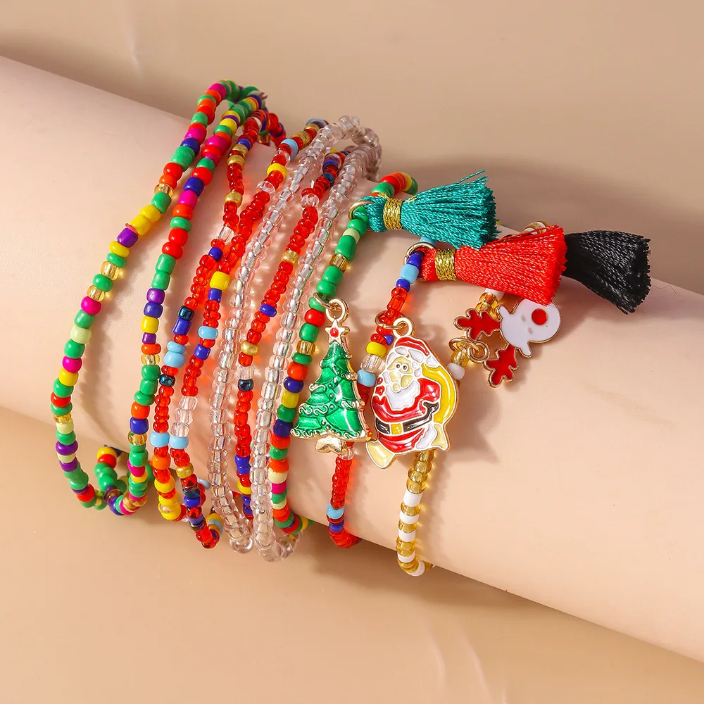 Aihua 10 Stück Handgefertigte Perlen-Weihnachts-Fußkettchen für Frauen, Schneemann, Baum, Weihnachtsmann, Fußkettchen für Bein und Fuß, Neujahrs-Schmuck – Detail 4