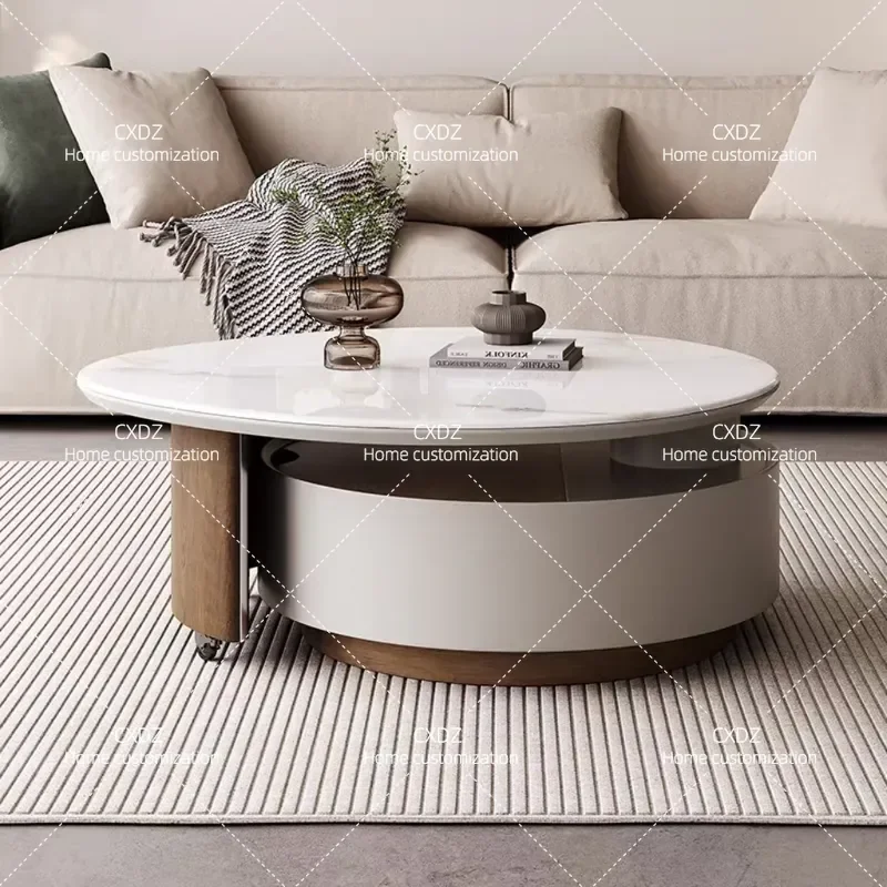 Modern Simple Round Coffee Table Rotatable Sintered Stone Top High End Light Luxury Small Apartment Living Room Furniture