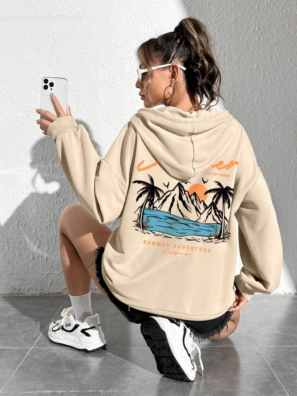 Summer Adventure Funny Beach Coconut Tree Printed Tops Fashion Warm Hooded Casual Cartoon Hoodie Loose Personality Women Hoody