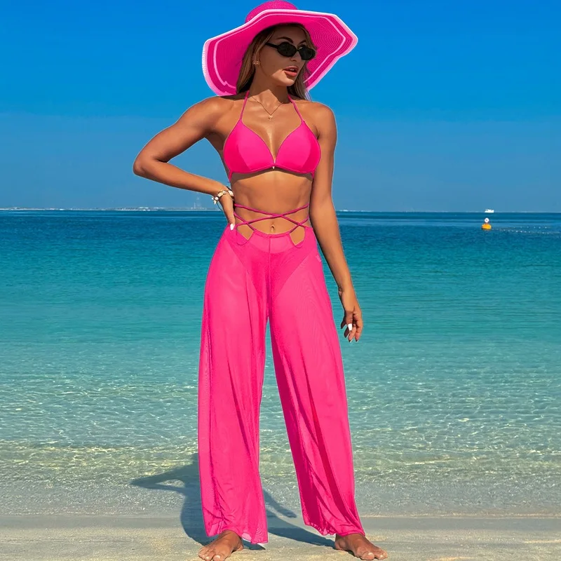 2025 Women's 3-Piece Swimsuit Set Sexy Bikini with Cover-Up for Hot Spring Summer Black Wide Leg Panties Swim Beachwear Holiday
