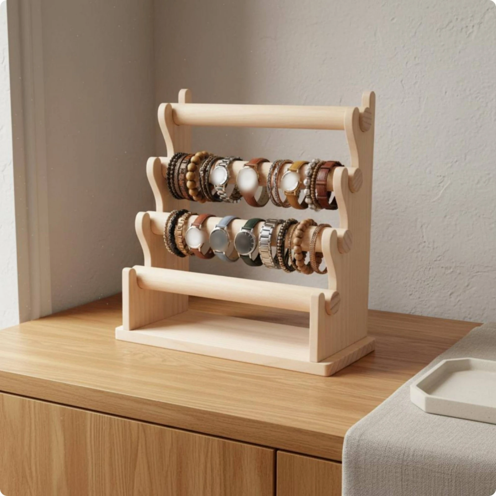 Space-saving Accessory Stand Bois Massif Layered Organizer Easy to Store for Dressing Table