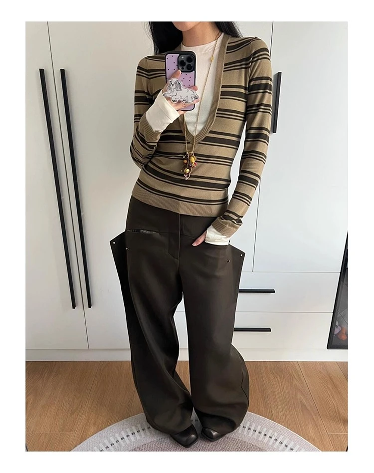 Yedinas مخطط وهمية قطعتين تي شيرت المرأة طويلة الأكمام الكورية موضة مكتب سيدة محبوك القمم الخريف تيز الملابس النسائية #4