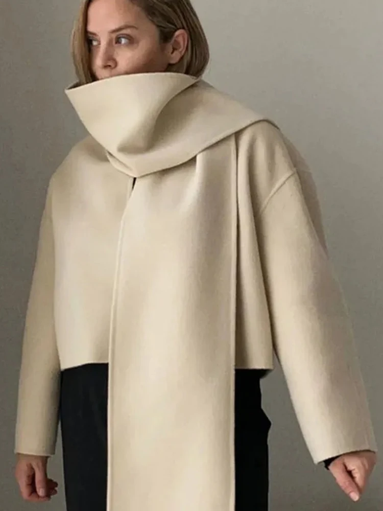 Imagem -04 - Cardigã de lã para Mulheres Cabolsa Curto com Cachecol Jaqueta Bege Manga Comprida Outerwear Feminino Elegante Moda de Rua Alta Outono e Inverno