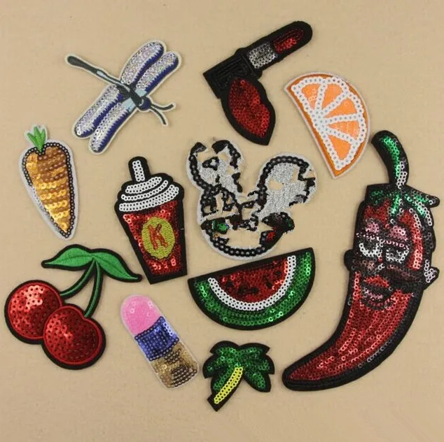 Free shipping 10 pcs dragonfly fruit cherry drink sequins embroidered Iron On Patches DK cell phone garment Appliques accessory