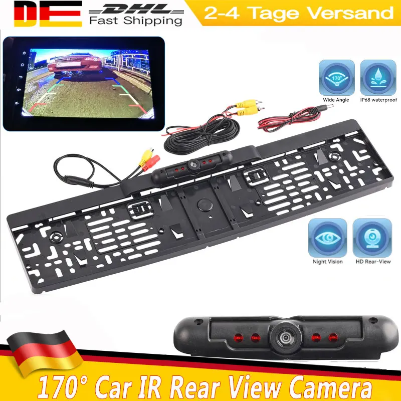 Telecamera Posteriore HD+ per Auto con Cornice Porta Targa EU, Telecamera Retromarcia Grandangolare Impermeabile con Visione Notturna, Monitor per Assistenza al Parcheggio