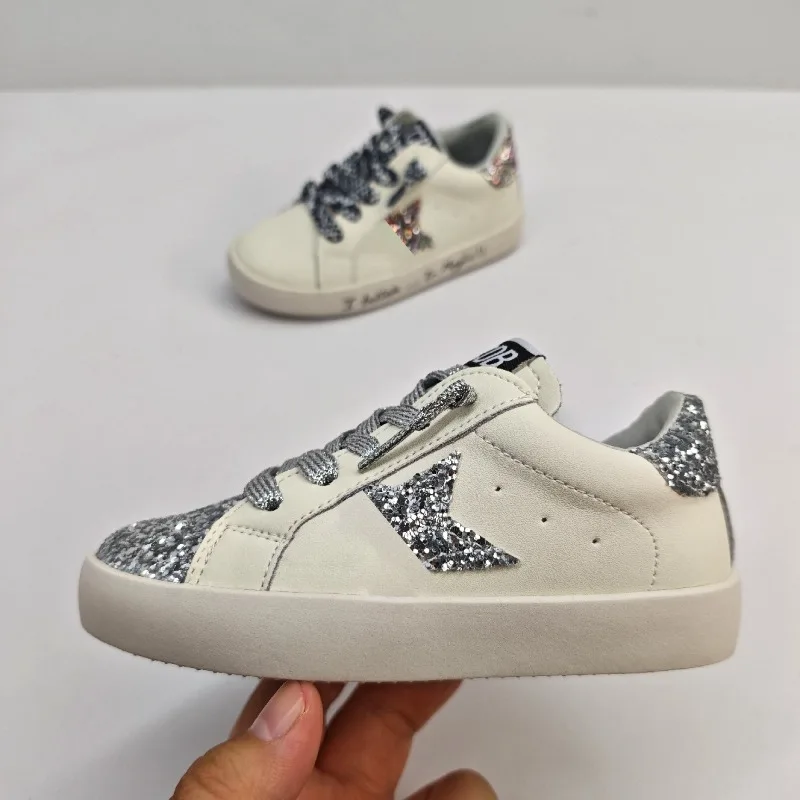 

Four Seasons Children Genuine Leather Sneakers Girl Shoe Kids Baby Commuting Sneakers Boy Sports Shoe Sequins Casual Flat Shoe