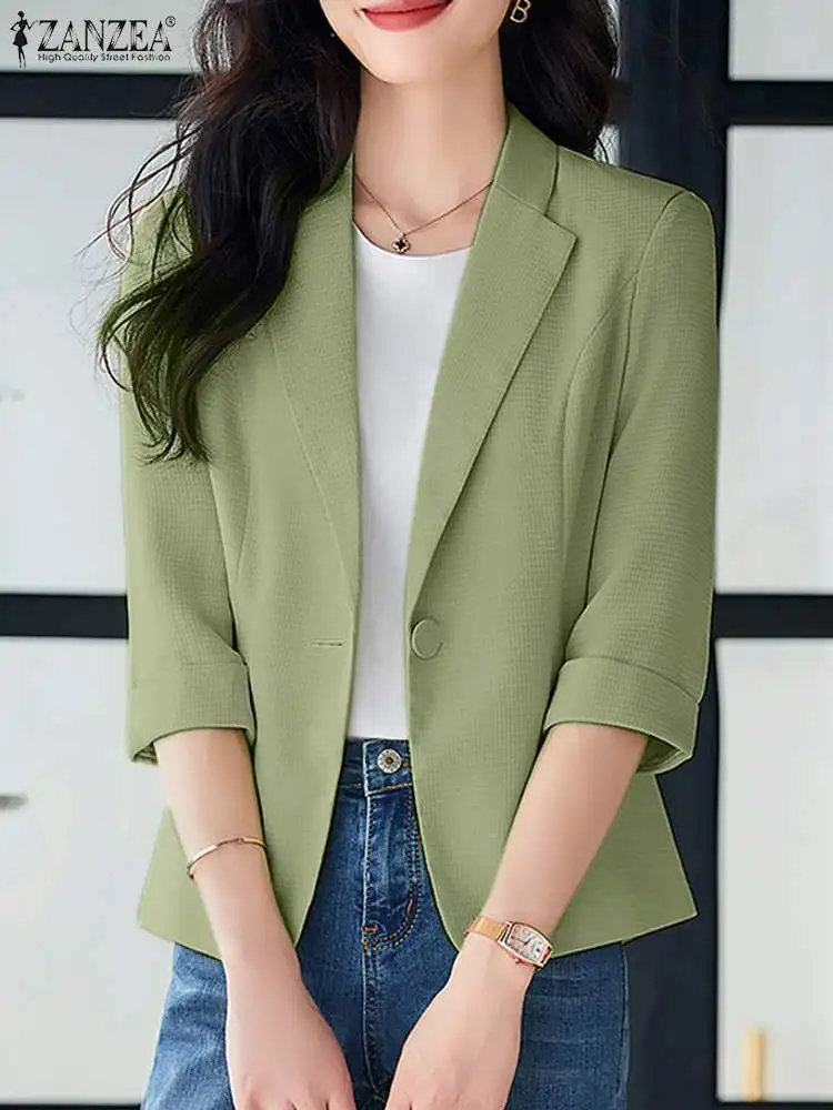 ZANZEA Korean Fashion Waffle Casual Blazer Notched Lapel Office Lady Women Elegant Suits Fall 2024 3/4 Sleeve Thin Suit Jackets