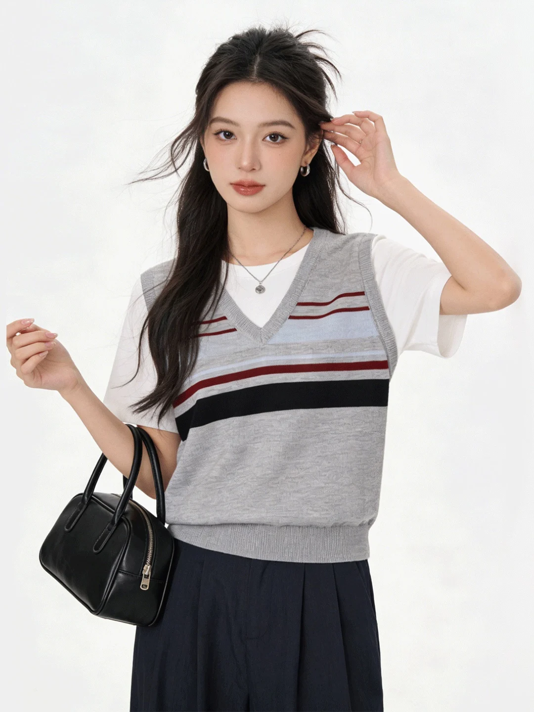 

Повседневная вязаная футболка с коротким рукавом, имитация двухслойности, винтажная, в полоску, с цветовыми блоками, для весенне-летнего отдыха, для молодых женщин