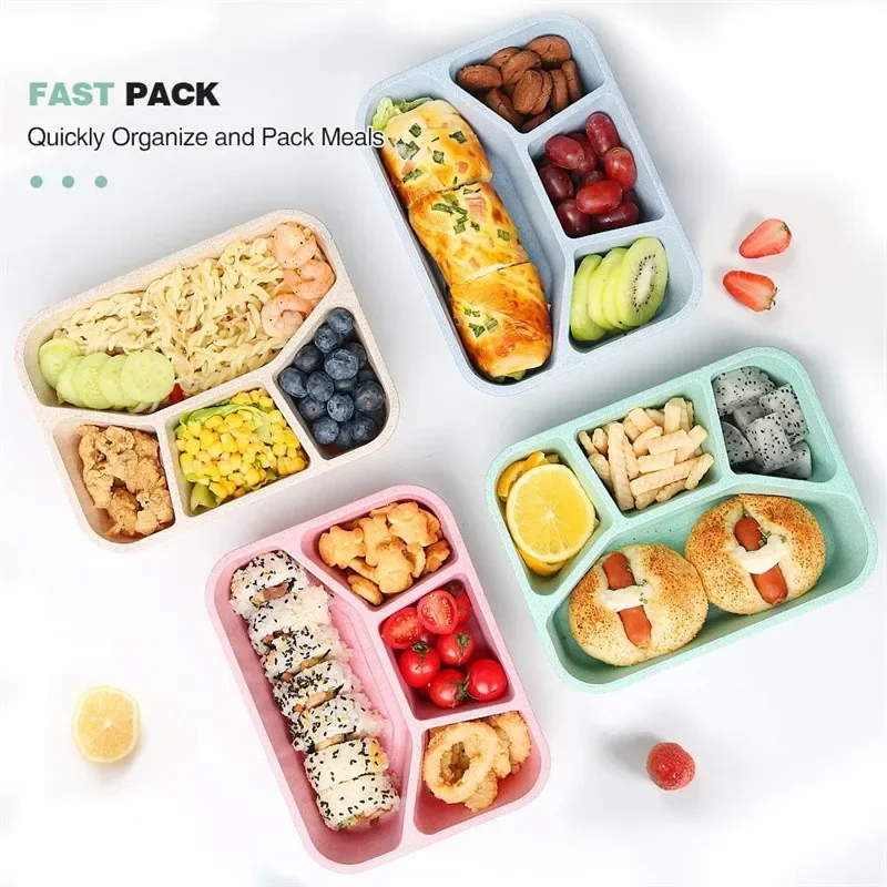 Microwave Lunch Box4 Grids Wheat Straw Dinnerware Food Storage Container Children School Portable Bento Box BPA Free Kids Tools