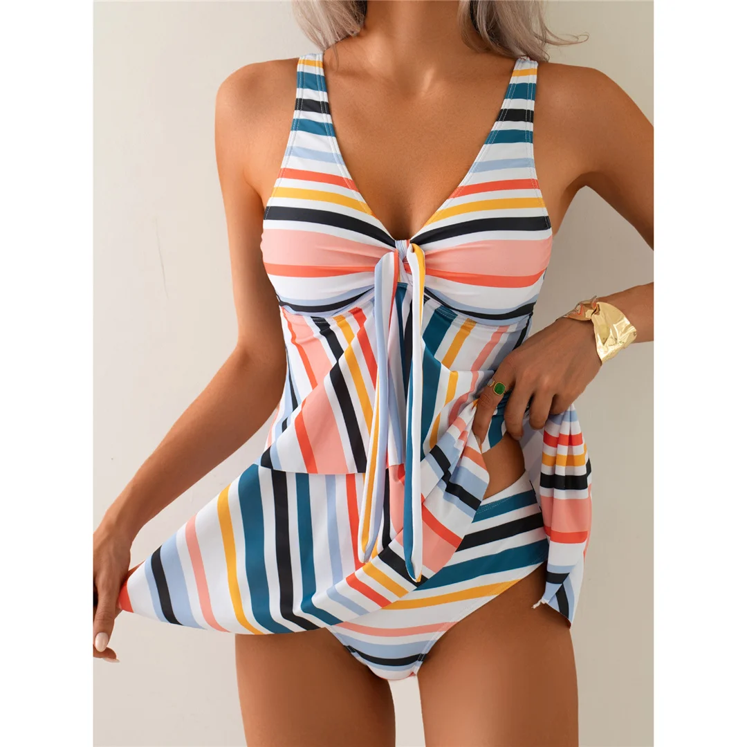 S - XL Regenbogenfarbener V-Ausschnitt-Bikini, Damen-Badeanzug, zweiteiliges Bikini-Set, gepolsterter Badeanzug, Badebekleidung, Modell V6902. – Detail 3