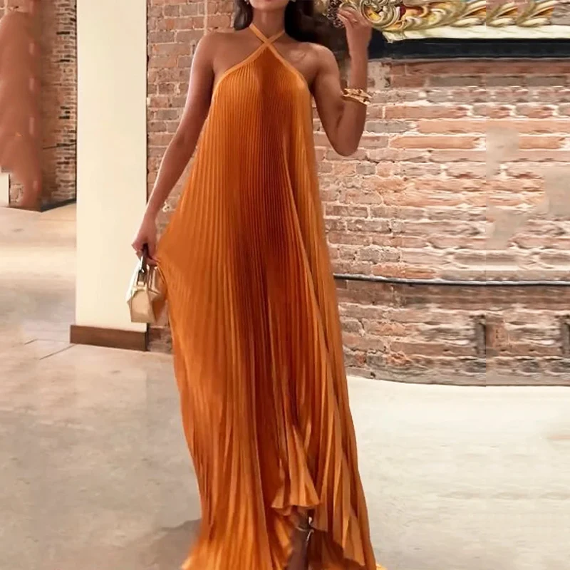 Ellafads Maxi Dress Women Summer Fashion Halter Neck Solid Sleeveless Tie Pleated Backless Loose Casual Holiday Party Dresses