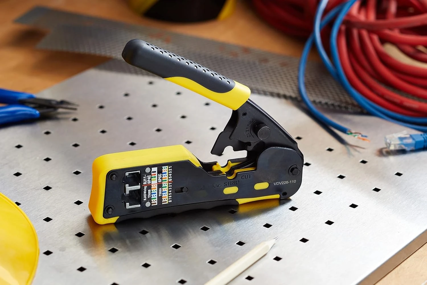 

VDV226-110 Ratcheting Modular Data Cable Crimper / Wire Stripper / Wire Cutter for RJ11/RJ12 Standard, RJ45 Pass-Thru Connectors