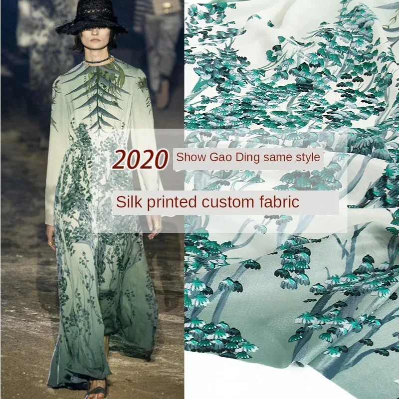 Show Mysterious Forest Green Color Gradient Tree Digital Spray /Painting Mulberry Silk Clothing Custom Fabric