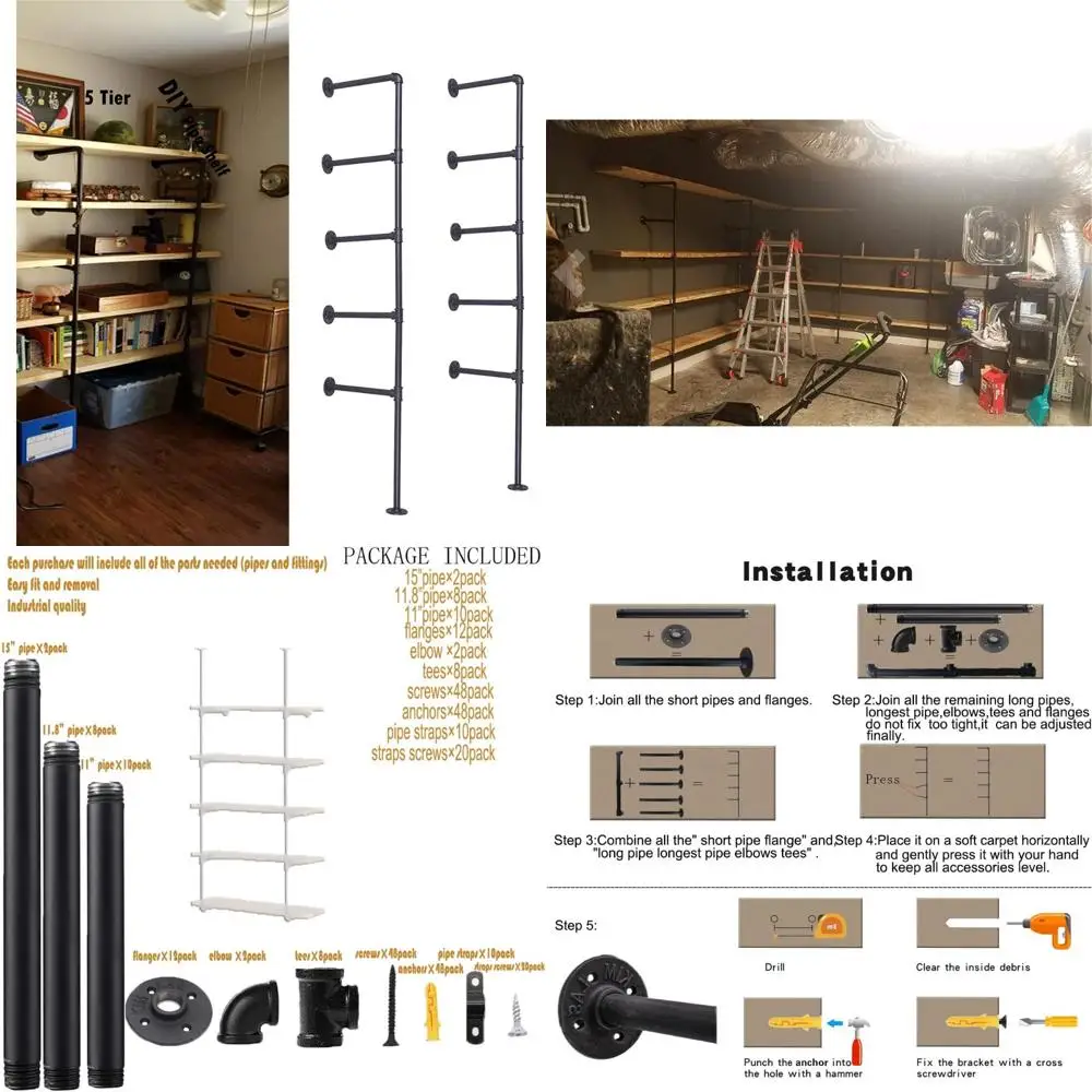 

Vintage Industrial Style Wall-Mounted Iron Pipe Shelf Brackets, Tall and Deep, Black DIY for Ceiling and Open Space Storage Solu
