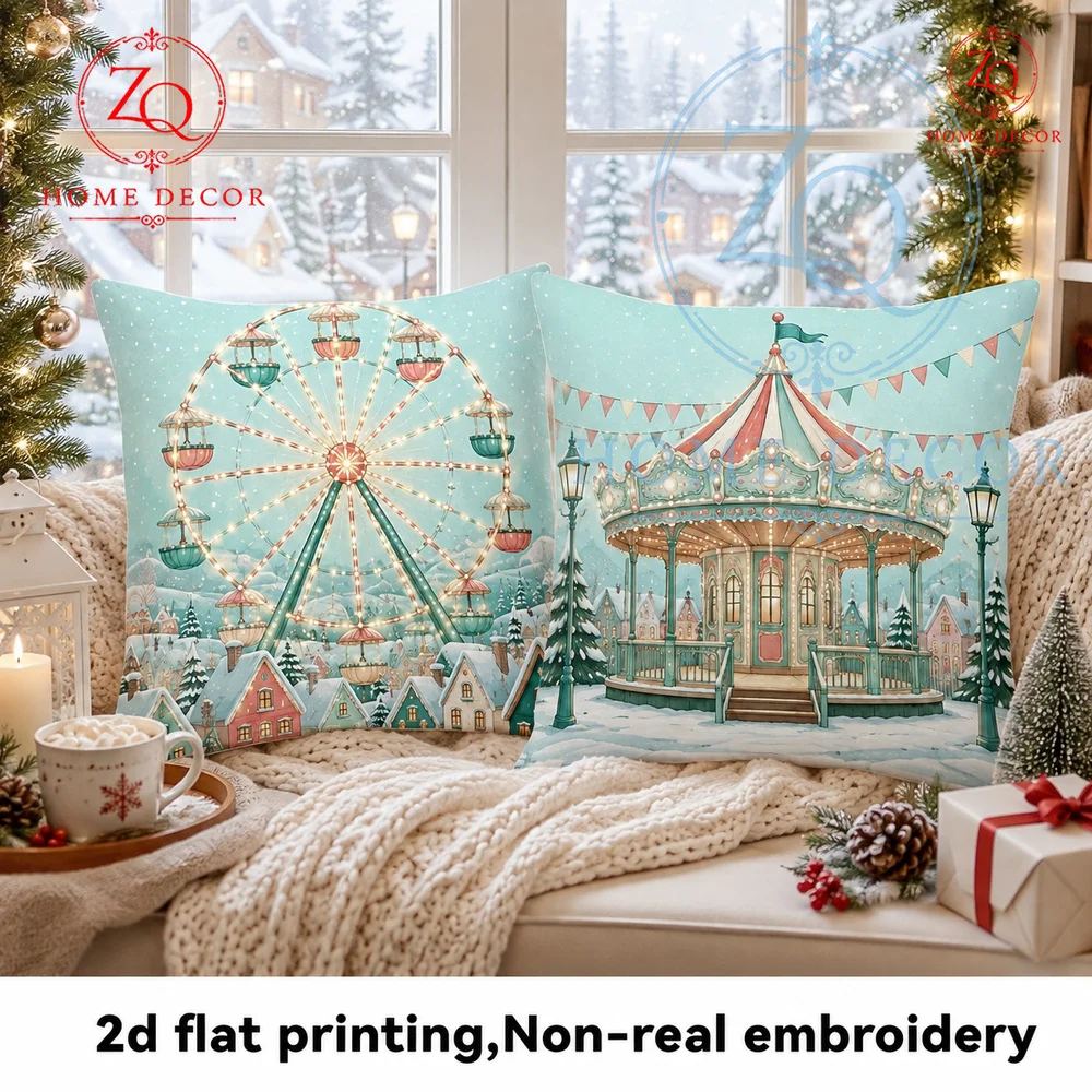 Vintage Winter Carnival Christmas Throw Pillow Cover Retro Ferris Wheel  Carousel Holiday Decorative Cushion Case Couch Bed