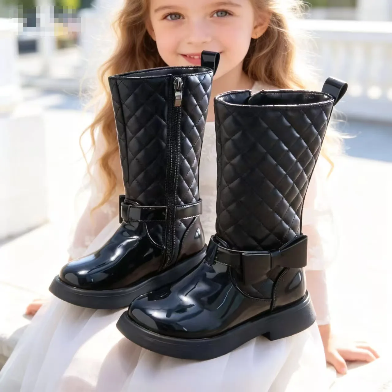 Herbst-Winter-Kurzstiefel mit Karomuster, rutschfester, weicher Sohle, für Mädchen, mit Reißverschluss, Fleece-Futter, lässige Stiefel, bequem, warm, für Kleinkinder, mit Schleife, für Kinder. – Detail 2