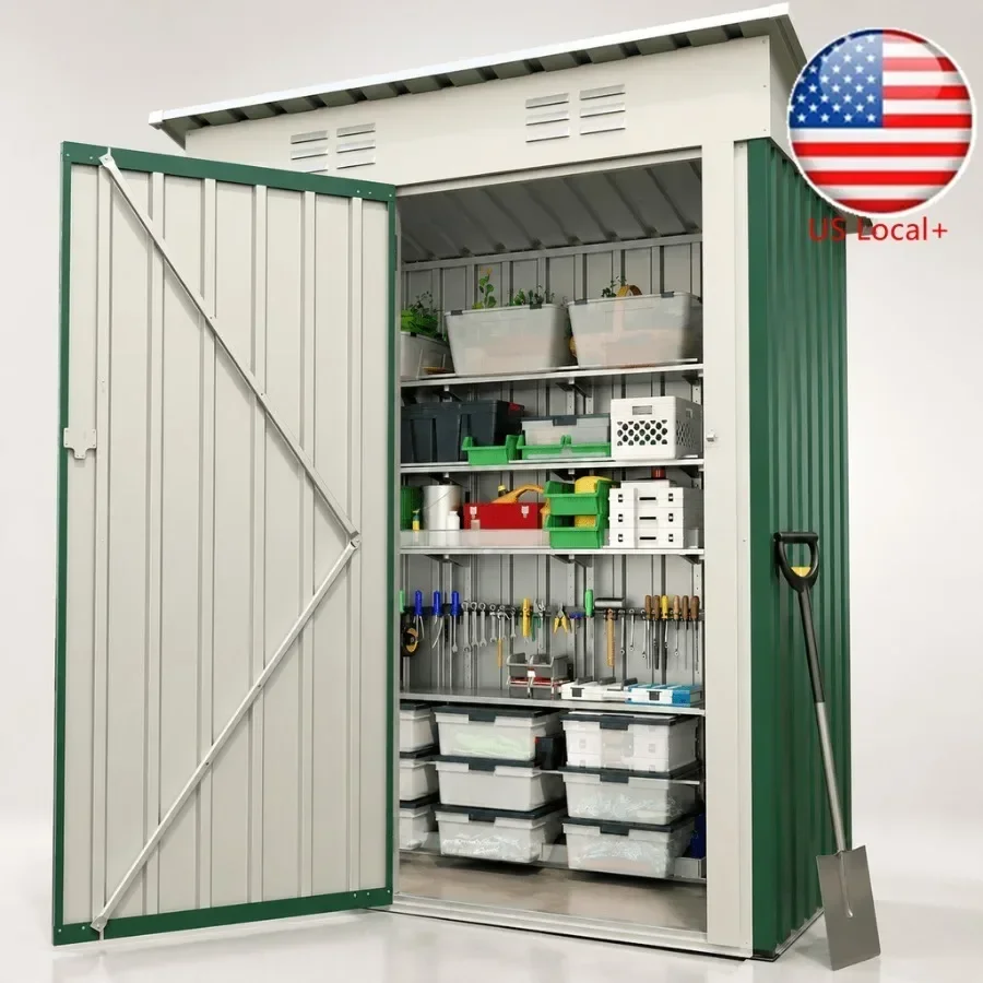 Outdoor storage shed for backyard use, galvanized steel material, gray color, weatherproof sloped roof and lockable security