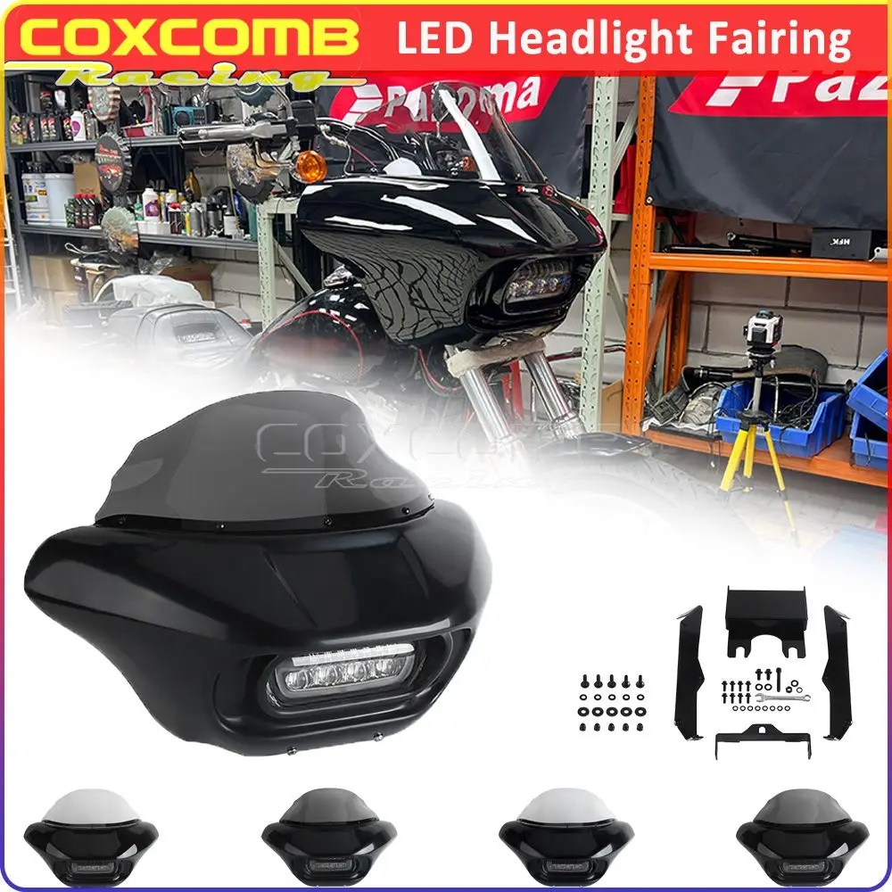 For Harley Dyna Super Glide FXD FXDC FXDCI Wide Glide FXDWG FXDWGI Front Mask Fairing LED Headlight DRL Turn Signal Windshield