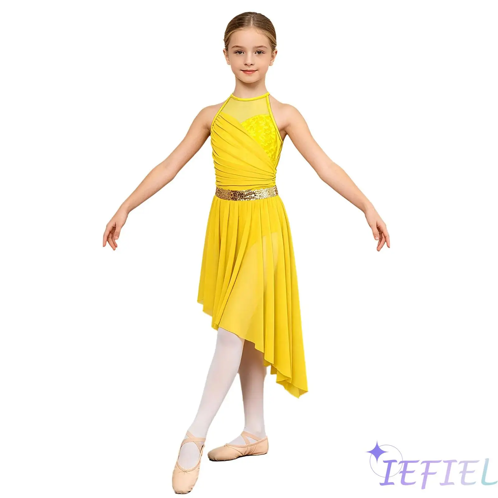 

Girls Lyrical Ballet Dance Dress Strappy Back Metallic Shiny Leotard Sequined Waist Irregular Mesh Hem Dress Ballroom Dance Wear
