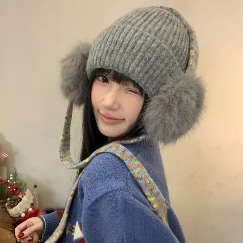 

Korean Version Lace-up Knitted Hat Women's Winter Ear Protector Warm Windproof Baotou Hat Woolen Hat